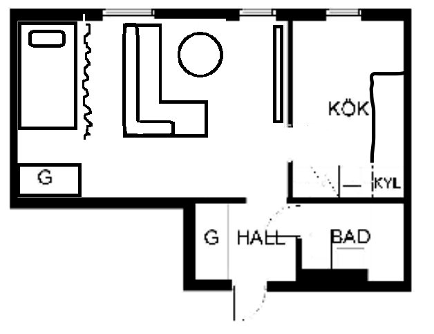 Svartvit planritning av en lägenhet som visar en position för TV och ett förslag på draperi runt sängområdet.