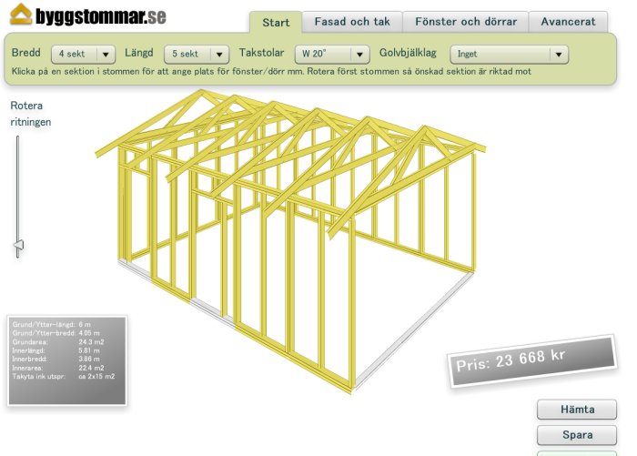3D-modell av en gul trästomme för en byggnad med angivna dimensioner på en datorskärm.
