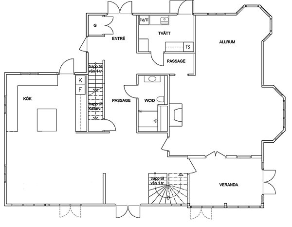 Planlösning av entréplan till villa Lyckebo med kök, entré, WC, och veranda markerade.