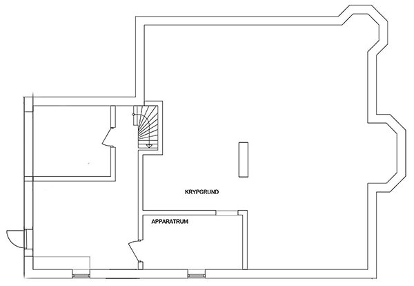 Planlösning av källarplan för Villa Lyckebo med markerade utrymmen inklusive krypgrund och apparatrum.