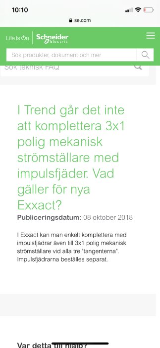 Skärmdump av en webbsida med FAQ om kompletterande mekaniska strömställare.