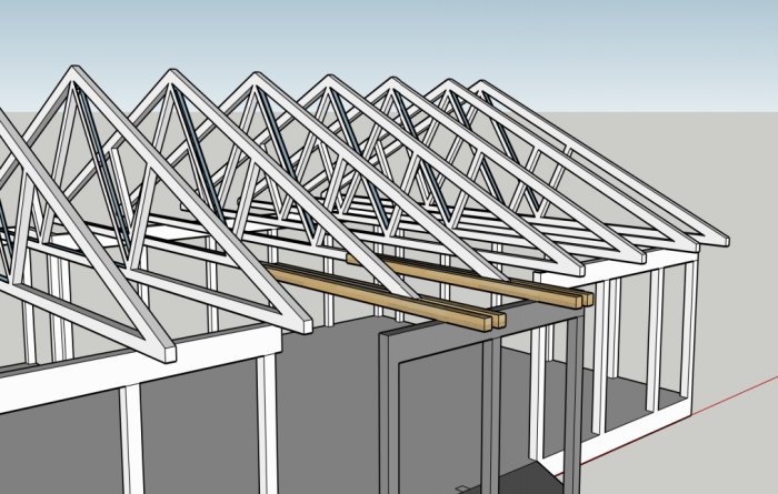 Skiss av ett hus med burspråk, visar takstolar och bärstruktur för ett öppet väggparti.