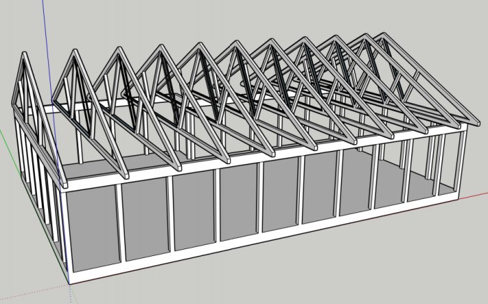 Skiss av takstolar för ett burspråk på en byggnad i ett CAD-program.