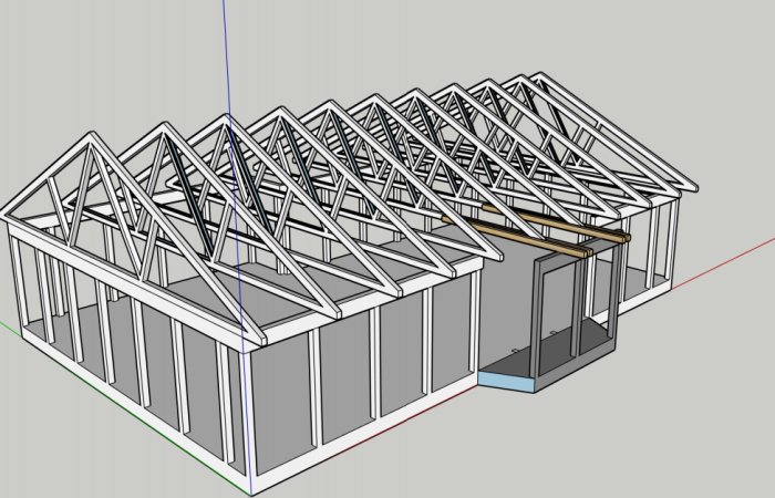 3D-skiss av en byggnad under konstruktion med takstolar och ett burspråk.