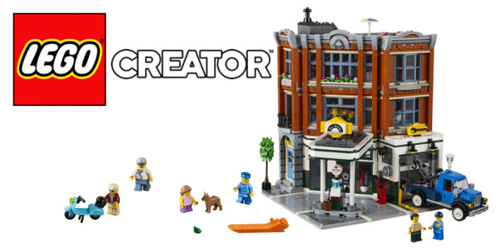 LEGO Creator set 'Garaget på hörnet' med minifigurer, bensinstation, kiosk och retro verkstad inklusive bil och rullport.