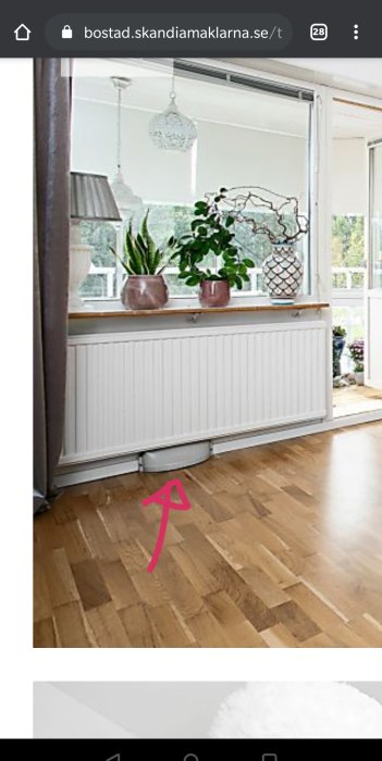 Vardagsrum med radiator och okänd vit plastkåpa på golvet intill väggen.