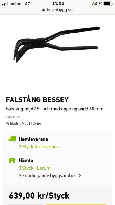 Svart Bessey falsstång böjd 45 grader med öppningsvidd på 60 mm, visad på hemsida med prisinformation.