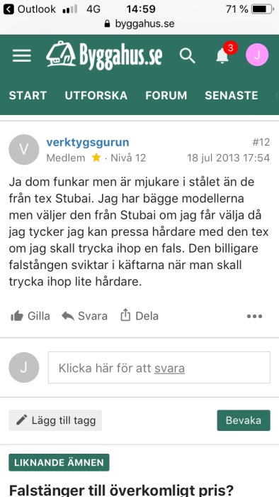 Skärmdump från diskussionsforum där en användare jämför kvaliteten på Biltemas och Stubais tänger.