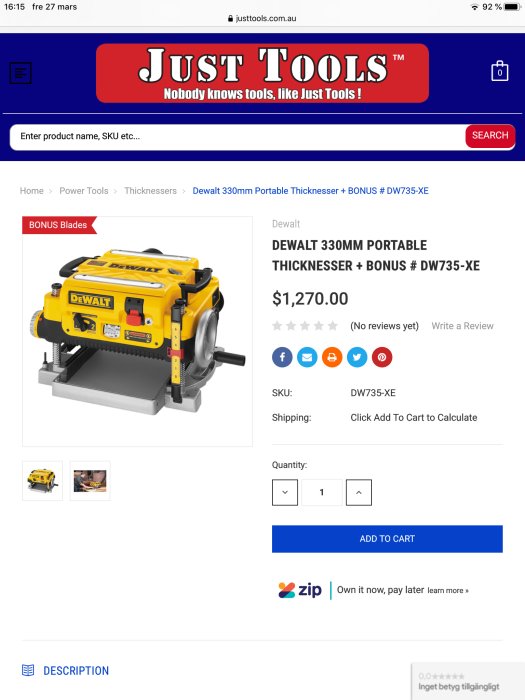 Skärmdump av en DeWalt 330mm portabel tjocklekshyvel annonserad på en australiensisk verktygssida för $1,270 AUD.