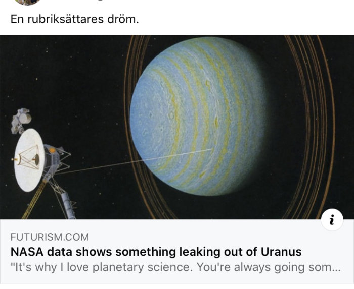 Illustration av rymdsond nära planeten Uranus med titeln från Futurism.com om NASA-data.