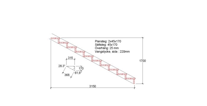 Ritad teknisk skiss av en trätrappa med dimensioner och vinklar angett, utan ram eller bakgrund.