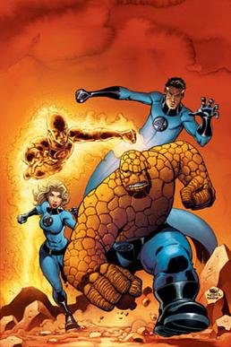 Illustration av Fantastic Four med Mr. Fantastic, Invisible Woman, Human Torch och Thing framför en orange bakgrund.