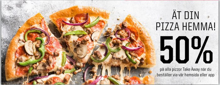 Reklambild för 50% rabatt på take away-pizza med text och en halv pizza med olika toppings.