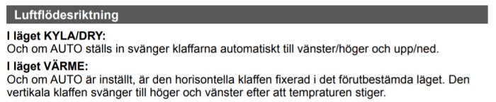 Screenshot av text som beskriver luftflödesriktning för Panasonics kyl- och värmelägen.