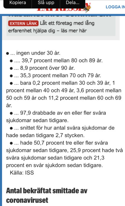Skärmdump av statistik över COVID-19 dödsfall efter ålder och tidigare sjukdomar.
