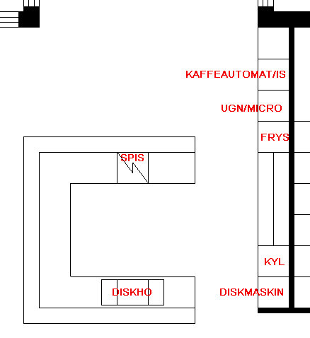 Schematisk ritning av ett kökslayout med markerade positioner för spis, diskho, kyl, frys och andra apparater.