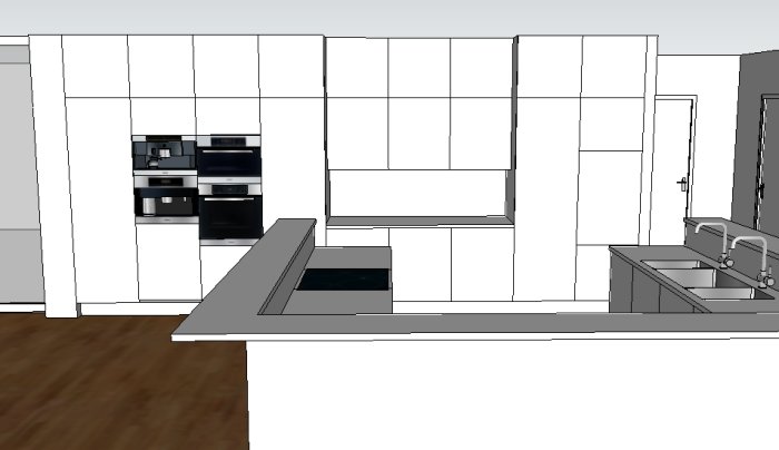 3D-rendering av ett kök med högskåp innehållande inbyggda vitvaror, omgivet av enhetliga skåp och en u-formad köksbänk.
