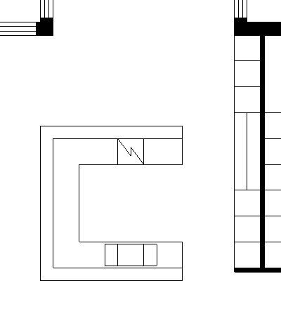 Schematisk ritning av ett kökslayout med U-formad bänk och högskåp för inbyggda vitvaror.