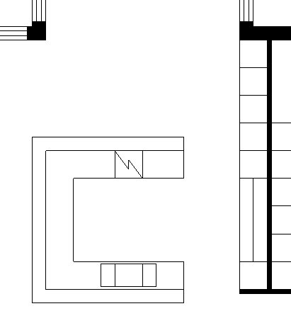 Svartvit ritning av ett kökslayoutförslag med U-format arbetsområde och symmetrisk högskåpsplacering.