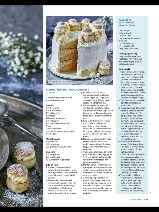 En semmeltårta med mandelmousse dekorerad med hela och halverade små semlor, recepttext synlig till höger.