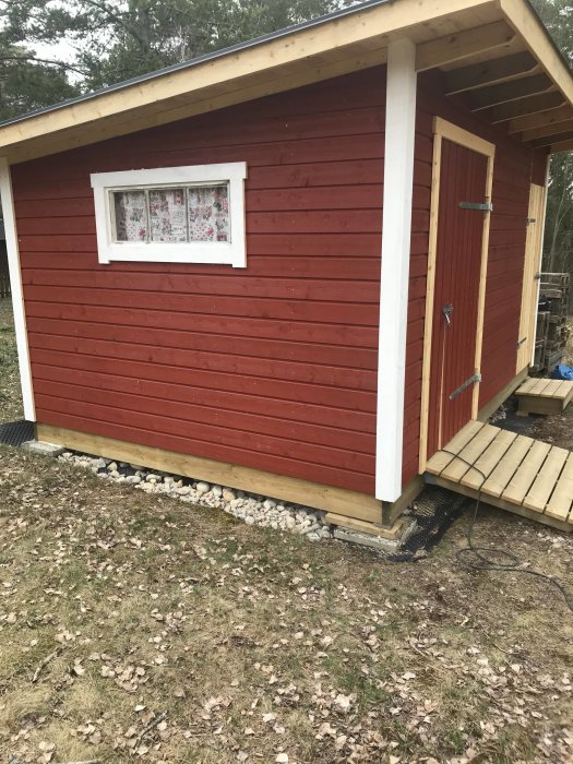Rödmålad trädgårdsbod med vit dörr och fönster, enkel konstruktion, står på en gräsmatta.