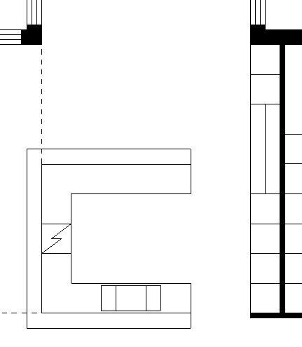 Översiktsritning av ett kök i U-form med integrerade vitvaror och markerad plats för frysen.