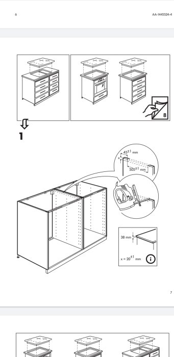 Illustration av en möbelmanual som visar hur man justerar och sågar i köksskåpsstommar enligt instruktioner.