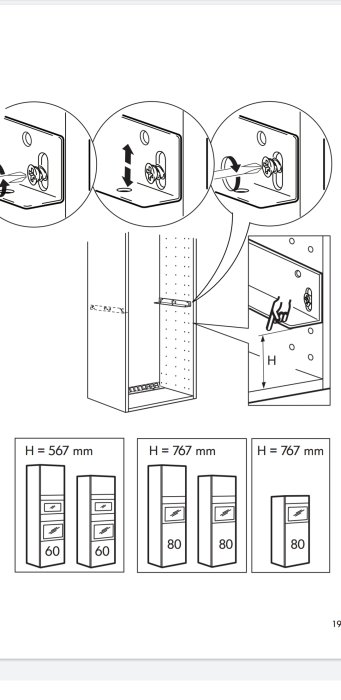 Illustration av monteringsinstruktioner för skåplådor med olika höjdmått och justeringar.