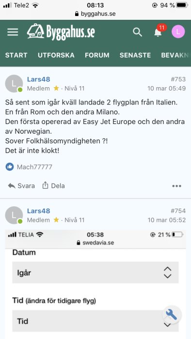 Skärmbild av en forumtråd på byggahus.se med inlägg om flyg från Italien och smittspridning.