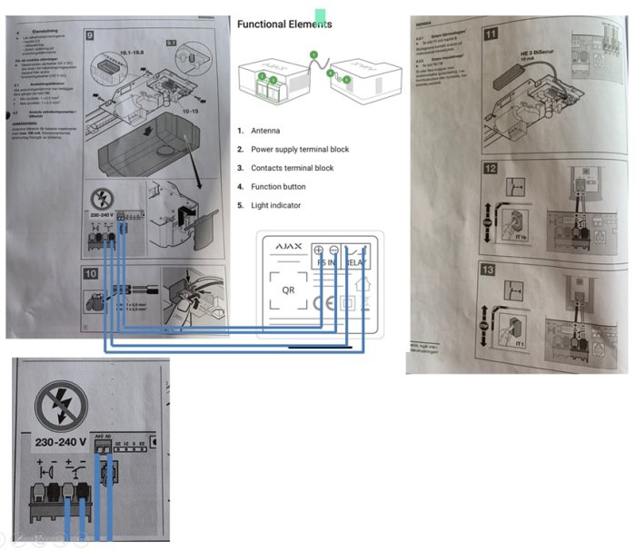 Instruktionsdiagram och elektriska kopplingsscheman för garageportsmotor och Ajax Relay för smart hemstyrning.