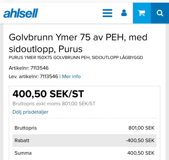 Skärmbild av en produktinformationssida för en golvbrunn 'Ymer 75 av PEH' på Ahlsell med pris och rabattinformation.