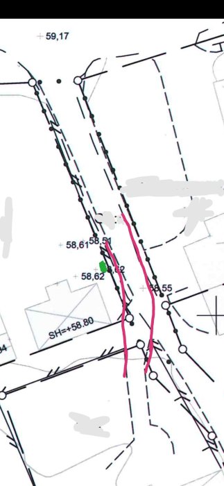Fastighetskarta som visar träd utmärkta i grönt längs en tomtgräns och en rosa linje som markerar grannens infart.