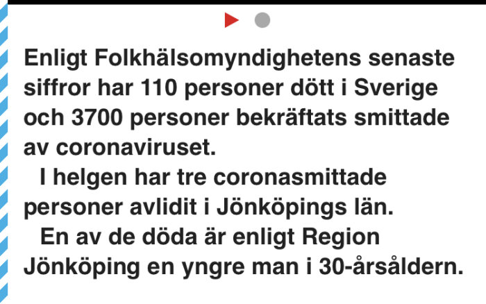Skärmdump av text som rapporterar om coronavirusfall, inklusive en ung man i 30-årsålderns dödsfall.