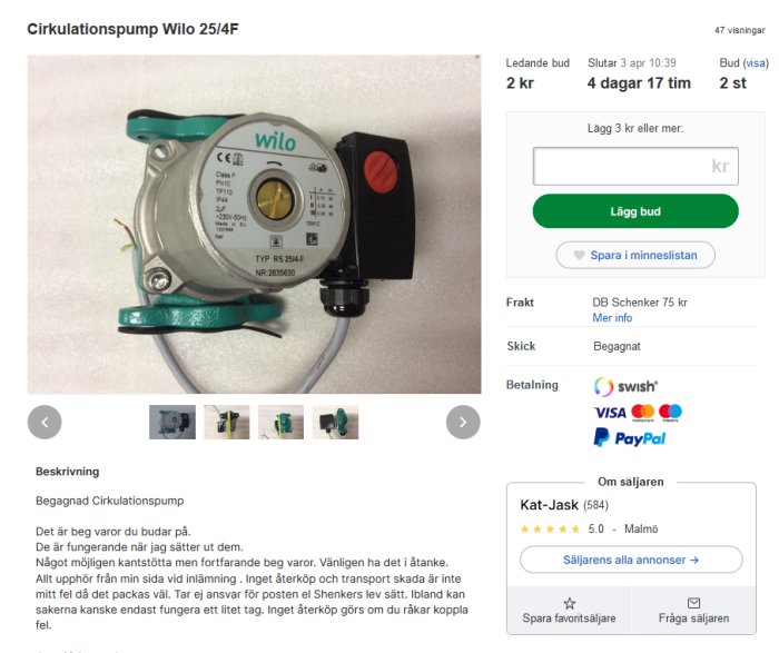 Begagnad Wilo cirkulationspump med flänsad anslutning och elektrisk kabel.