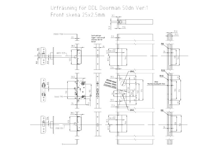 Teknisk måttritning för urfräsning av låsdelen DDL Doorman 50dn.