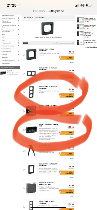 Skärmdump av en webbutik som visar priser på elektriska installationsramar, utmärkta som dyra.