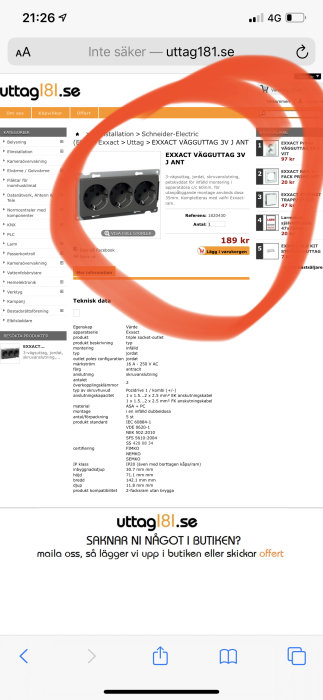 Skärmdump av en produkt på en webbutik med en röd cirkel markerar priset på en elektrisk uttagskomponent.
