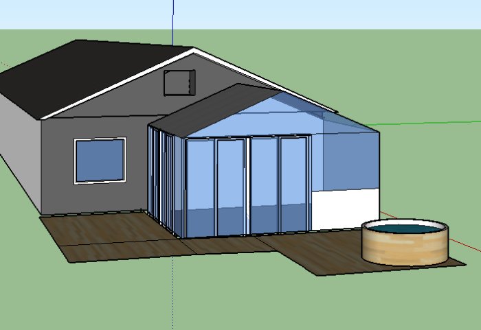3D-modell av ett enfamiljshus med tillbyggd uterum och en rund träterrass.