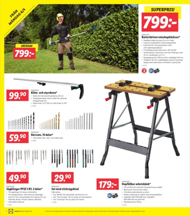 Reklamblad från Lidl med en person som använder en batteridriven teleskophäcksax, olika borrset och en hopfällbar arbetsbänk.