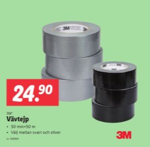 Två rullar av 3M vävtejp i färgerna svart och silver, med priset 24.90 framhävt.