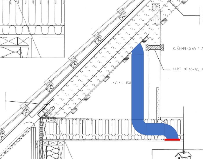 Arkitektonisk skiss med markerat blått avloppsrör och rödmarkering där röret är fastlimmat.