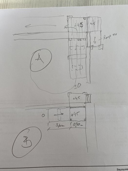 Handritad skiss av byggprojekt med dimensioner och anteckningar.