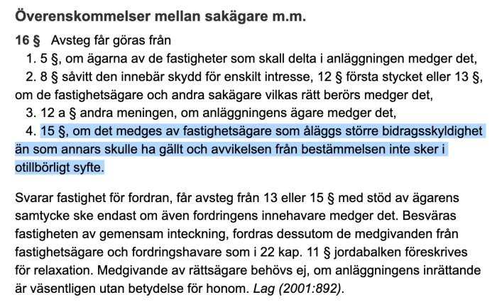 Skärmdump av lagtext ur anläggningslagen med fokus på 16§ om avvikelser från bidragsskyldighet.