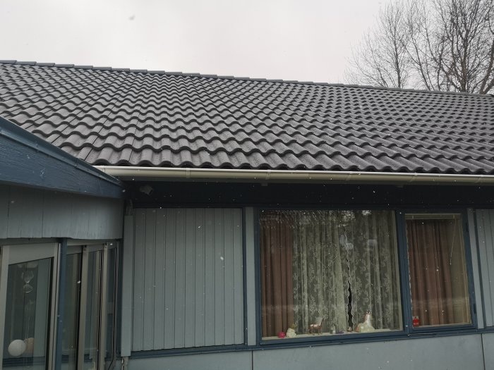 Snötäckt tak på ett hus med vågformade takpannor över ett fönsterparti.