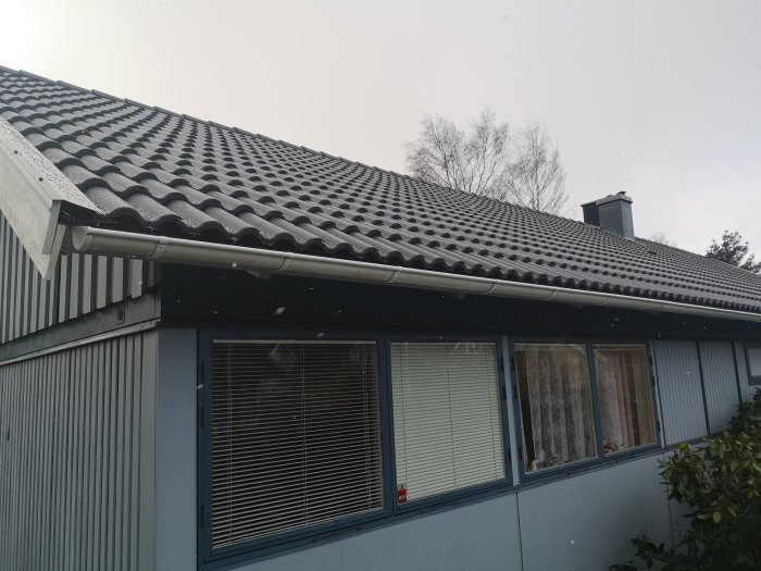 Ett hus med mörkgrå takpannor, vita snöflingor, blåa väggar och fönster med persienner.