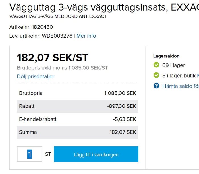 Prisspecifikation för 3-vägs vägguttag på Ahlsells hemsida visar bruttopris och rabatt, slutpris 182,07 SEK exkl moms.