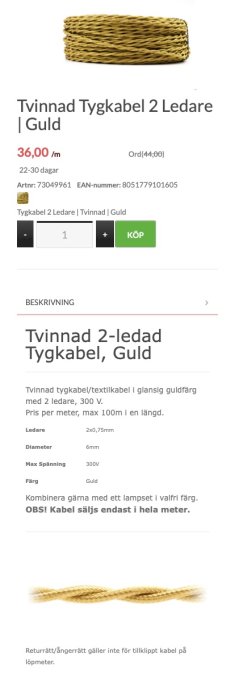 Tvinnad tygkabel i guld för elinstallation med text om specifikationer och pris.
