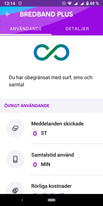 Skärmdump som visar obegränsad surf, sms och samtal på en mobilabonnemangtjänst.