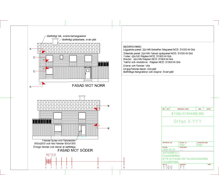 Arkitektritning av husfasad mot norr och söder med beskrivning för byggprojekt.