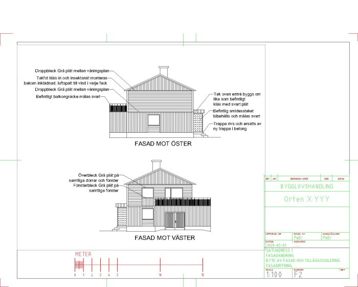 Arkitektritning av fasadändringar med nya träpaneler och beskrivningar på en byggnad.